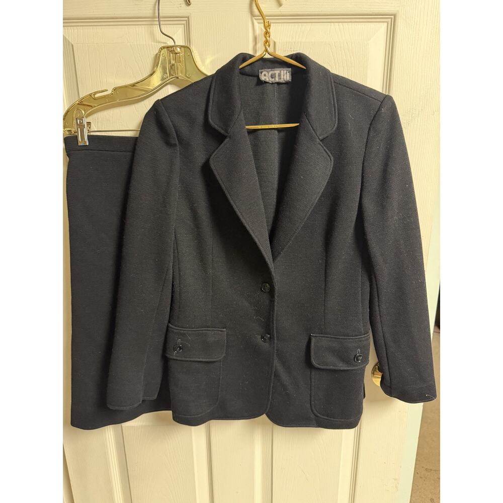 Act iii Black Poly Wool 2 Pc Black Skirt Suit Med Sz 10 32x23 Jacket 36w 80s